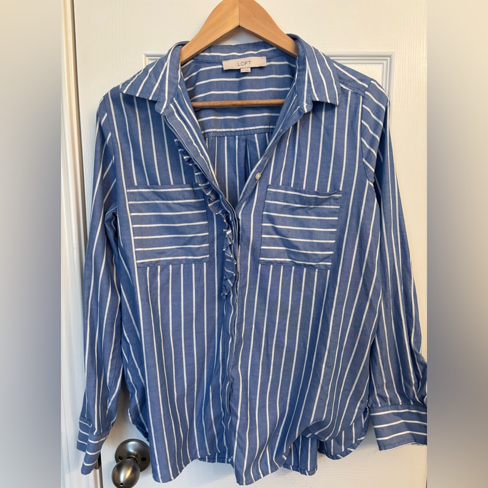 Loft Button Down Striped Ruffled Blue & White Blo… - image 1
